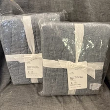 Pottery Barn Belgian Flax Linen King Quilted Shams Chambray Set Of 2 NIP