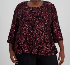 Alex Evenings Women's Red Black Sequin Elbow-Sleeve Jacket  Top Plus Size 1X