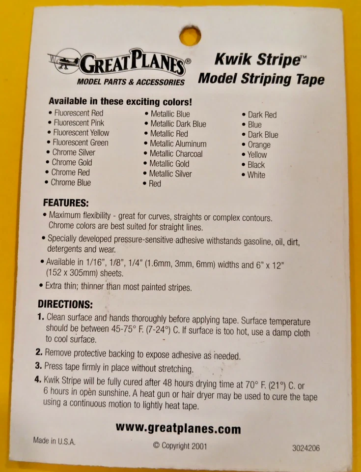 GREAT PLANES  KWIK STRIPE ~NIP!~36 FEET - PN #GPMQ1520 1/8" METALLIC GOLD - Image 2 of 4