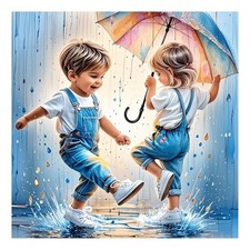 Playing in Rain Diamond Painting Kits for Adults, Diamond Art for Boy and Girl
