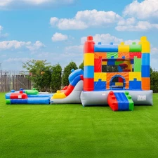 HeroKiddo Block Party Inflatable Water Slide Bounce House Combo w/ Pool & Blower