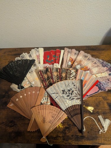 Vintage Folding Hand Fan Lot of 14 Lace Sandalwood Painted Floral Decorative 