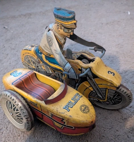 Vintage Marx Tin Litho Motorcycle W/ Sidecar, Wind Up #3 Police Squad