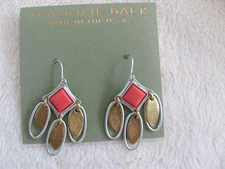 Marjorie Baer 2 Tone Resin Drop Earrings-Hammered Brass -Coral Resin-Pierced Ear