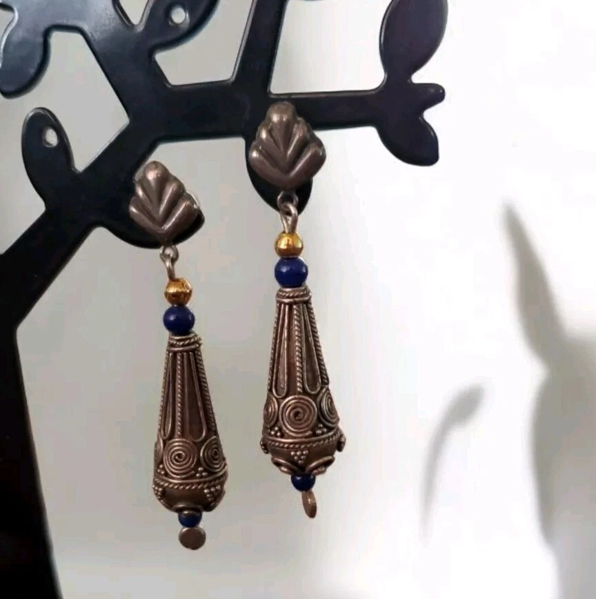 Pendientes colgantes afganos vintage hechos a mano enchapados en plata con lapislázuli Foto 3 de 4
