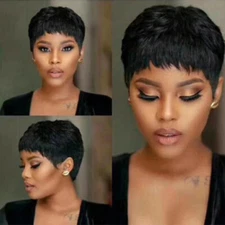 Short Black Pixie Cut Straight Human Daily Hair Wigs Natural Full Wig Cosplay US