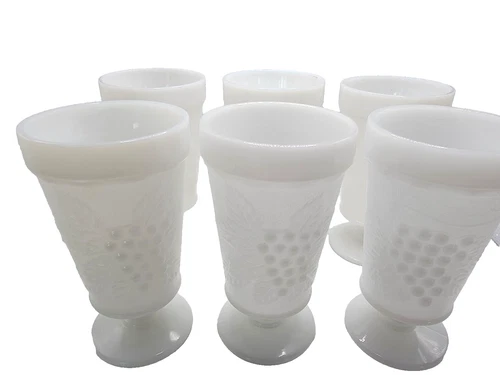 Milk Glass Harvest Grapes Pattern Vintage  Set of 6 Stemmed Goblets GC
