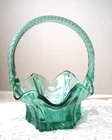 Fenton Blue Green Ruffled Glass Basket - 8" ht x 6" dia