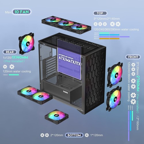 SAMA V Mesh Mid-Tower ATX PC Case - High Airflow Gaming Case with Mesh Front & T - Picture 5 of 6