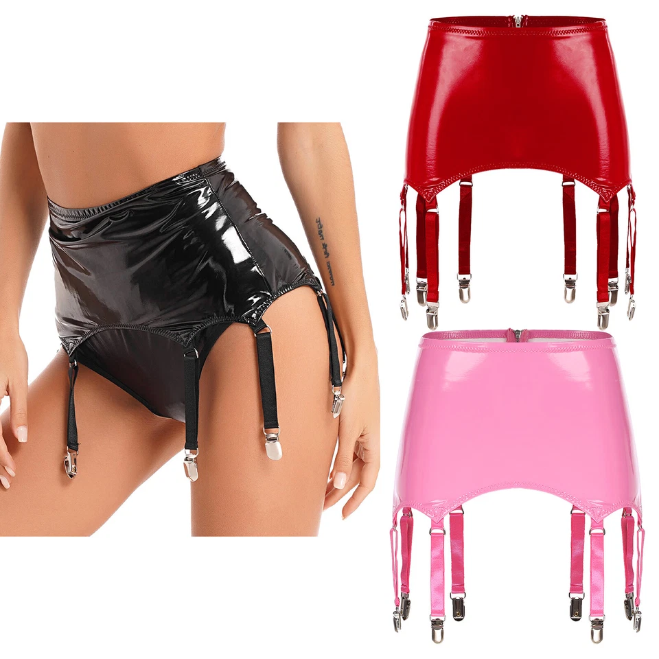 Damen Wetlook Strumpfgürtel Strumpfhalter Strapsgürtel mit 8 Metall Clips Sexy - Bild 2 von 2
