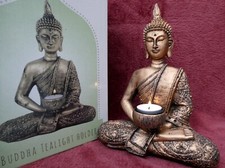 Image of Thai Buddha Tea Light Candle Holder Meditating Ornament Golden Zen Figurine 27cm