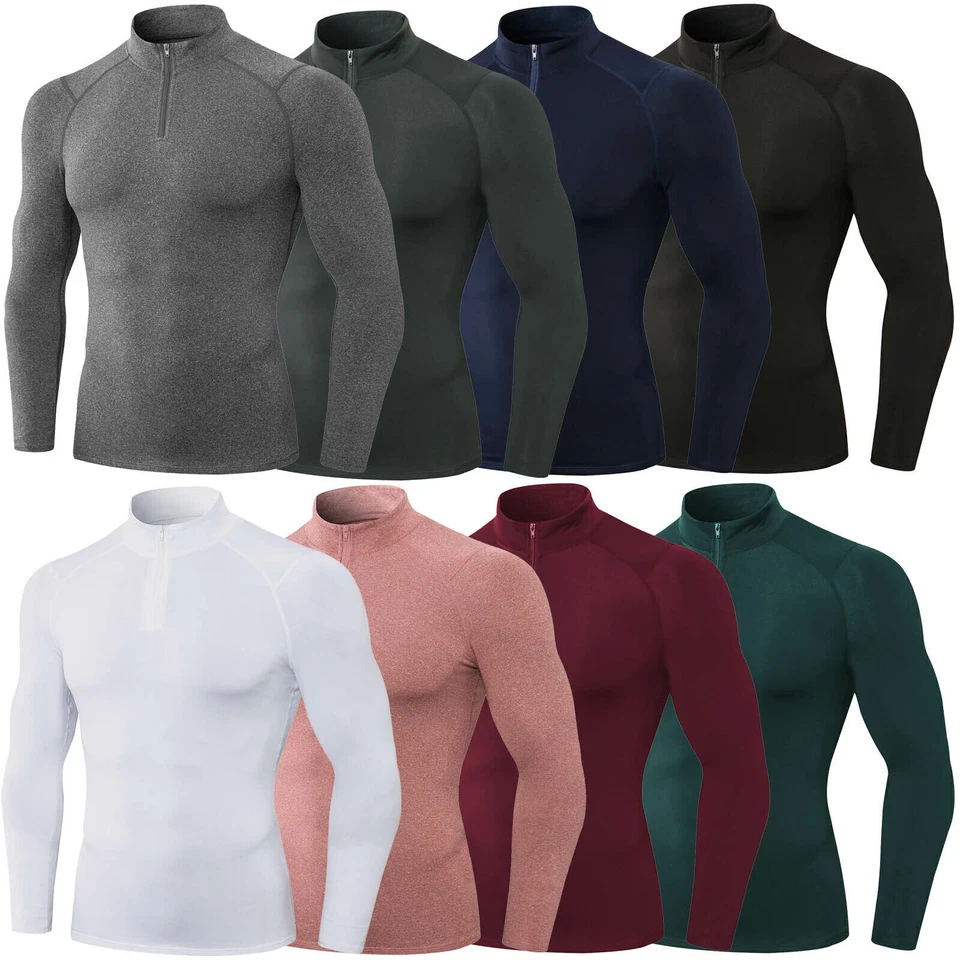Camiseta térmica de compresión para hombre debajo de la capa base deportes fitness tops cremallera cuello Foto 2 de 4