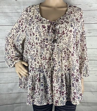 Jolt Peasant Top Juniors XL Semi-Sheer Ivory Purple Blue Floral Cottagecore Top