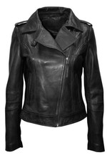 Chic & Sleek: Women's Genuine Black Leather Biker Motorcycle Jacket - Slim Fit.