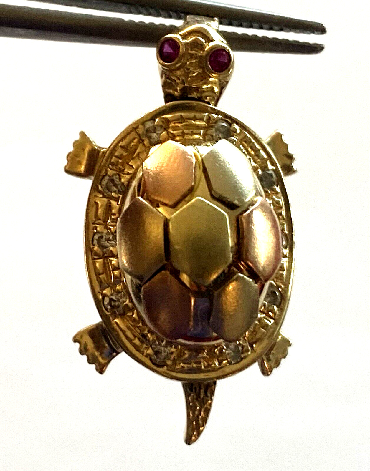 14K Multi Tone Solid Gold Turtle Ruby Eye 10 Diam… - image 1