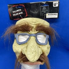 Creepy Old Man Rubber Face Mask NEW Vtg 2004 Gray Glasses Exposed Chin Halloween