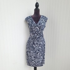 CHAPS Womens White Navy Blue Floral Stretch Sleveless Dress Wrap V-neck Sz M