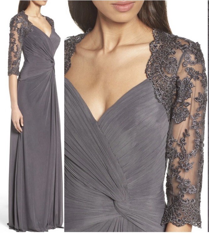 La Femme 23244 Gunmetal Grey Lace Rhinestone Stretch Ruched