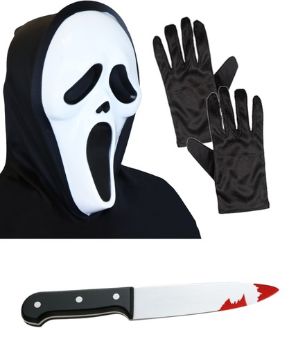 Adulto Grito Cara Fantasma Halloween Disfraz Vestido Elegante Máscara Capa Cuchillo Guantes Conjunto - Imagen 9 de 12