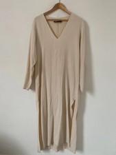 Zara Dress Medium V Neck 3/4 Sleeve Texture Side Split Midi Cream