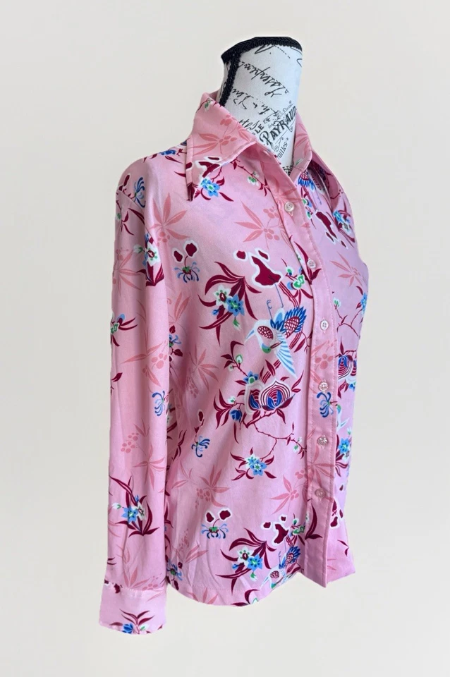 Винтажный 70-х Lerner магазины розовый богемное птицы и цветочный длинным рукавом на пуговицах Топ - Изображение 3 из 4