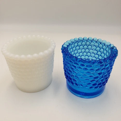 Vintage Set Of 2 Hobnail Bubble Votive Candle Holders 1 Milk Glass 1 Blue