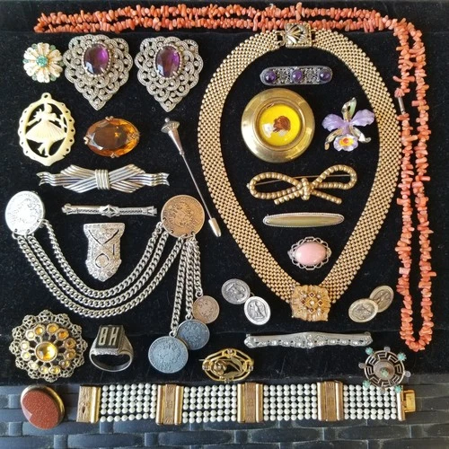 LOT 26 Antique Art Deco Jewelry Gold Filled Glass Rhinestone Sterling Coral +