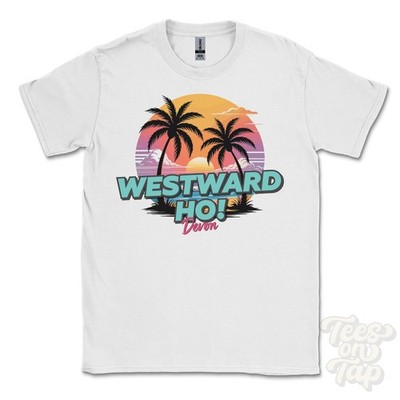 WESTWARD HO! DEVON T-SHIRT - Retro Miami Style lustige UK Sommer Parodie