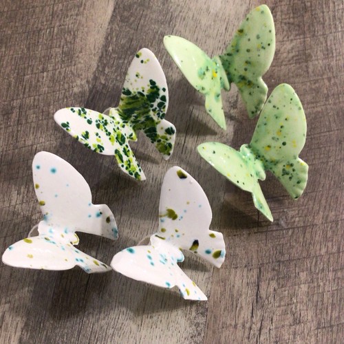 Vintage Set of 5 Ceramic Macrame Beads Speckled Butterflies