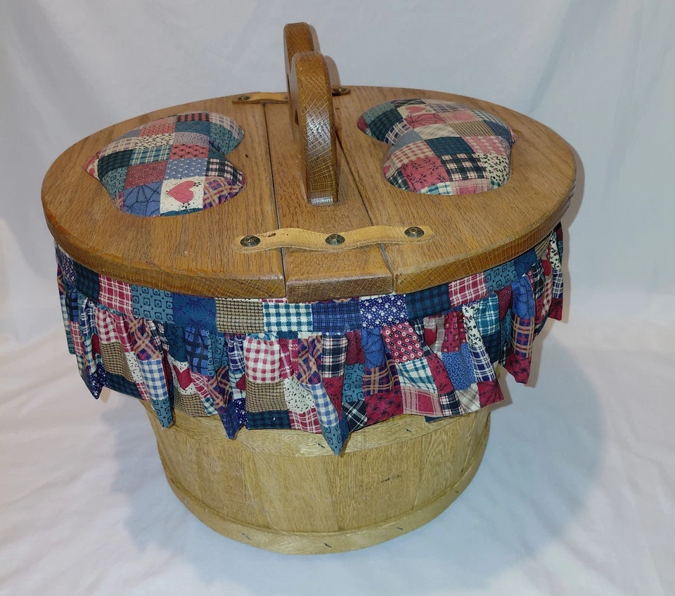 Vintage Oak Farmhouse Sewing Picnic Apple Barrel Wicker Basket Flip Open Fabric - Image 3 of 4