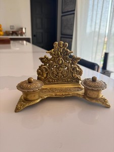 Antique Style Ornate Brass Double Inkwell Desk Stand Victorian Cherub Motif Lids