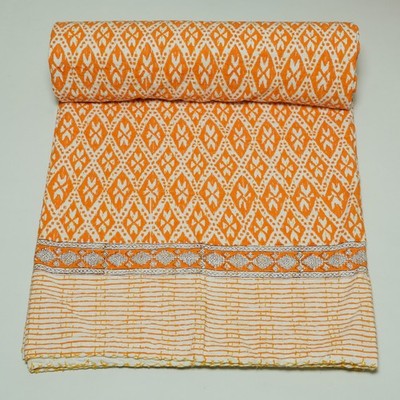 Orange Indian Kantha Bedspread Cotton Block Print Handmade Throw