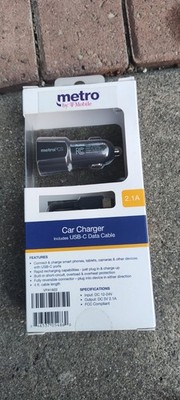 metroPCS Car Charger USB-C Data Cable 4ft 2.1A Universal Black Rapid