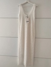 Zara 240  Kleid GR M Weiß Pailletten Perlen ...