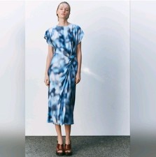 ZARA NWT BLUE SATIN EFFECT TIE-DYE MIDI DRESS SIZE S