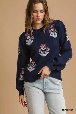 Trendsi Floral Knit Sweater Women's Winter Top Puff Sleeve Soft