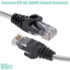 65FT Cat6A RJ45 Network LAN Armored Slim Patch Cable Rodent Resistant 28AWG Gold