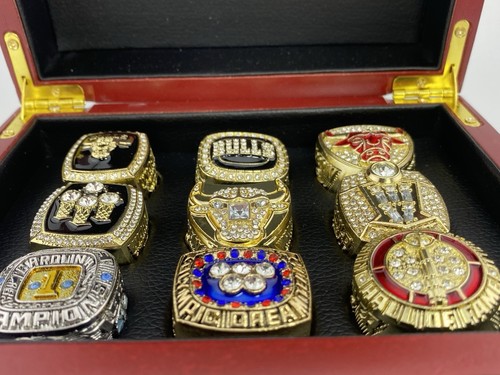 Set 9 anelli Chicago Bulls Michael Jordan Championship con custodia UNC Dream Team HOF - Foto 10 di 12