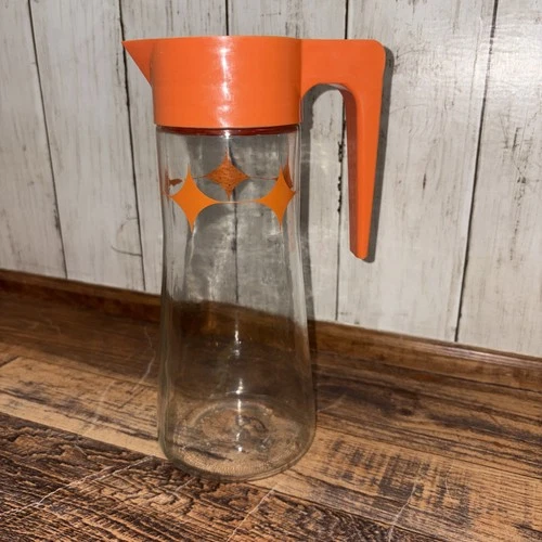 Vintage MCM Anchor Hocking L-4027 Glass Juice Pitcher Carafe, Orange Flip Lid