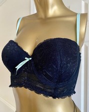 Black Lace Boned Bustier Bra Corset Top Aqua Blue Straps Ribbon Coquette 36C