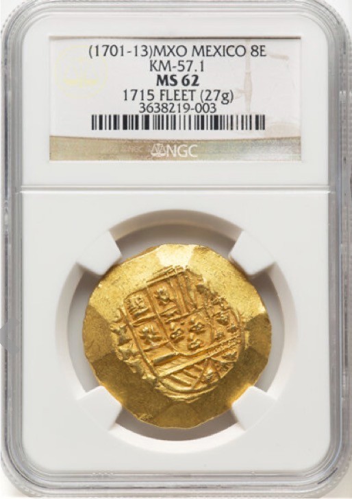 1701-1713) MS62 8 Escudos Philip V GOLD COB 1715 Fleet NGC