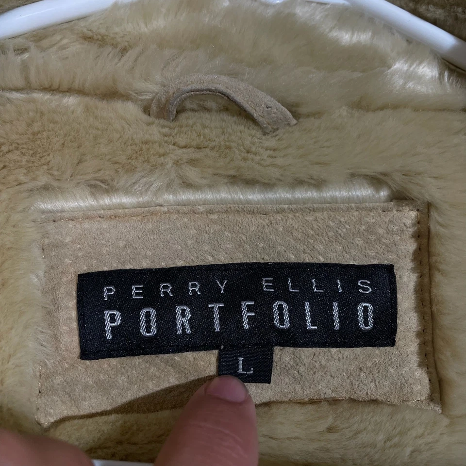 Chaqueta Perry Ellis Portfolio Para Hombre Gamuza Piel de Oveja Forrada Tostada Talla Grande Foto 4 de 4