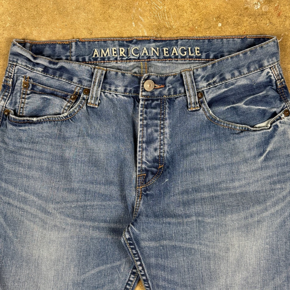 Y2K American Eagle Men’s 34x30 Straight Leg Button Fly Jeans Blue Distressed - Image 2 of 4
