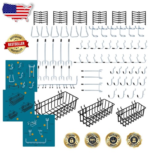 Industrial Pegboard Storage Kit: Three Black Baskets & Heavy-Duty Hooks Included