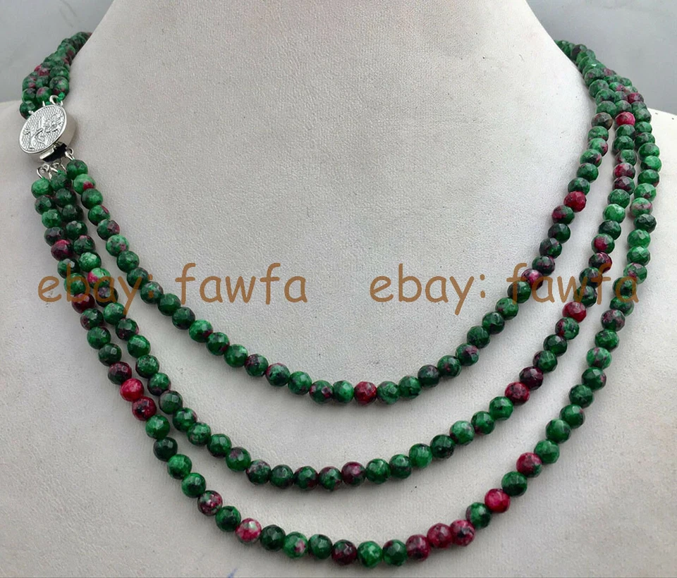 Collar de cuentas redondas gemas rojas naturales de 3 filas de 4 mm en gemas facetadas de zoisita de 18-20"" Foto 3 de 3