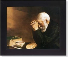 Daily Bread Man Praying at Table Grace Religious Wall Picture Black Framed