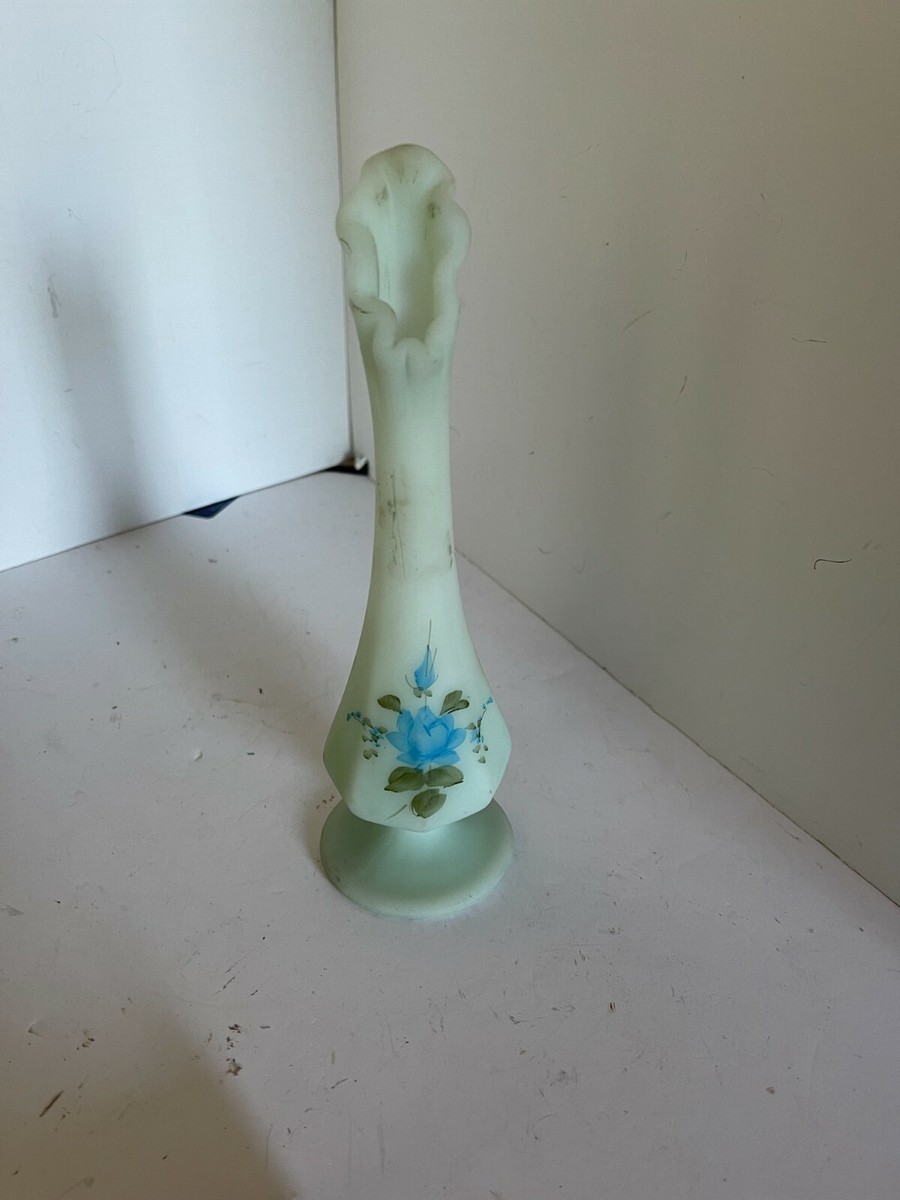 Vintage Fenton Milk Glass Blue Flower Hand Painted Signed