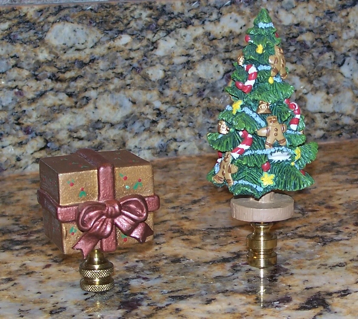 2 Christmas Decor Lamp Finials Wrapped Present Decorated Tree