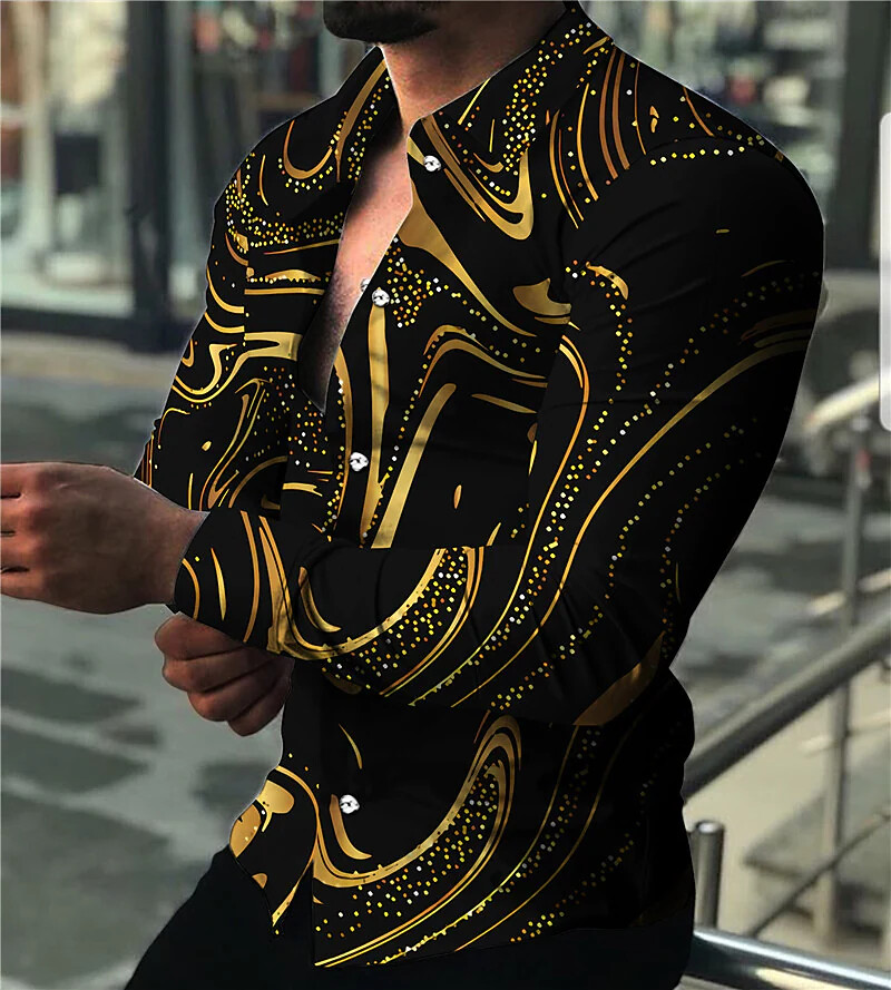 Hombres Camisa con botones Manga Larga Negro Oro Informal Calce Clásico Moda Vestido
