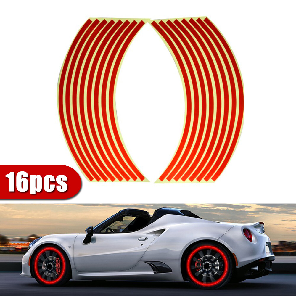 16pc Red Reflective Sticker Car Motorcycle Wheel Rim Stripes Decal